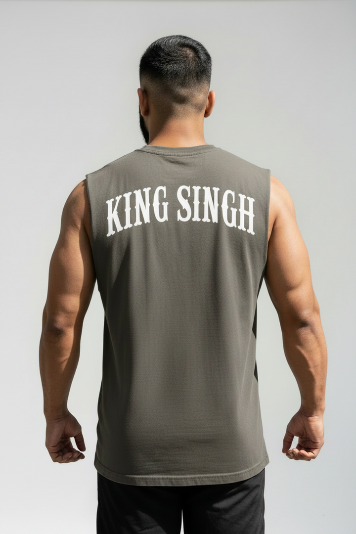 Man wearing a sleeveless King Singh Tank top. 